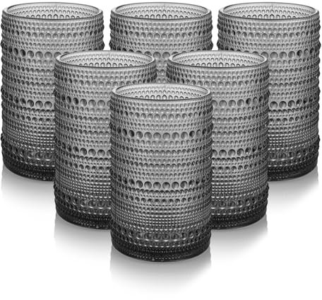 HomeVogue Hobnail Drinking Glasses Set of 6,15 oz Vintage Glassware Set Cocktail Glass Set, Embossed Grey Water Tumbler,for Beer, Whiskey,Juice and Various Mixed Drinks (15OZ Grey)