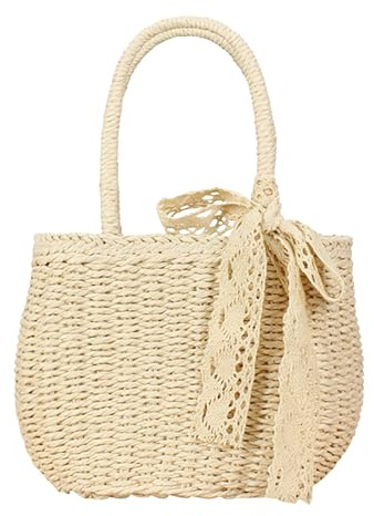 Halmstrandväska, halmstrandväska - halmväska med, semesterväska för kvinnor, shoppingväska, strandväska för semester, elegant handväska, beige
