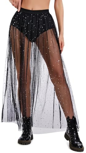 JasGood Damer 2 i 1 transparent meshkjol, svart paljetter tyllkjol med shorts, glitter, hög midja, maxikjol för streetwear, klubbkläder och musikfestivaler, Svart (triangel-lång stil), L