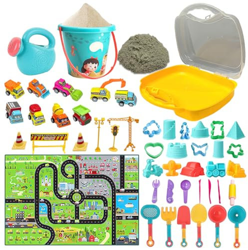 koolbitz 49PCS 2-in-1 Magic Pay Sand Art and Play Mat Set with Cars, Bucket, Water Can, Sand Tools and 16 Moulds - Portable Carry Case - Indoor Outdoor Construction Sensory Toy for Kids Ages 3+ Years