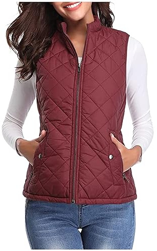 OVARA Gilet imbottito da donna con cerniera, trapuntato, leggero, senza maniche, imbottito, per l'inverno, caldo, per esterni, in piuma, 1 vino, L