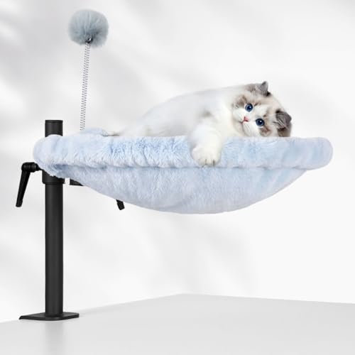 Odoland Cat Bed for Desk, 360° Rotatable Adjustable Cat Hammock Bed, Comfortable Soft Cat Desk Bed with 2 Washable Fabrics for All Seasons (Grey)