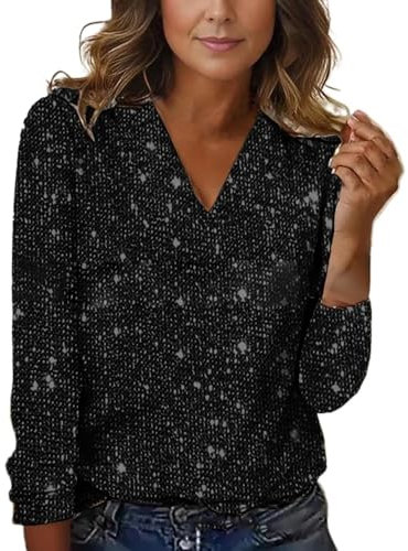 Damen Frühling und lässiges einfarbiges Pailletten-Langarm-T-Shirt Damenoberteil Edel (Black, M)