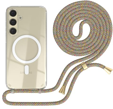 EAZY CASE - mobilkedja kompatibel med Galaxy S25 Plus, kedja för upphängning, stötsäkert mobilskal för Galaxy S25 Plus, silikonskal med rem, transparent mobilskal i Regnbåge