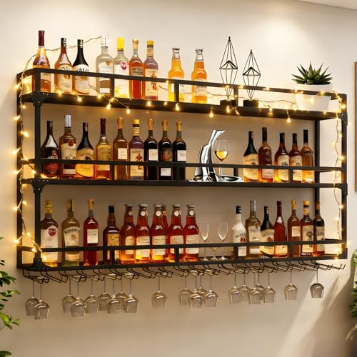 RAJYQODIS Weinregal Wand mit Glashalter, 3 Ebenen Weinpareite Display Rack, Weinflasche Glashalter Wandmontage für Esszimmer Home Bar (Schwarz, 180cm)