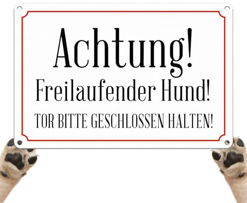 Goodvia Schild für tor Achtung Hund Lustig, Hundeschilder Warnung 30x20cm Metall mit Löchern zur Anbringung an Zäunen, Mauern Weiß x1 Stück