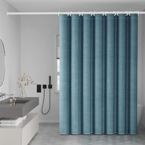 Leinen Struktur Wasserdicht Duschvorhang Antischimmel Stoff Badvorhang für Eckdusche und Kleine Badewanne Blau 200x180cm
