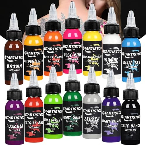 GTARTISTOO Tinta para Tatuajes Profesional 14 Colores Set de Tintas Tattoo 30 ml(1 oz), Pigmentos Intensos, Larga Duración, para Tatuadores y Estudios