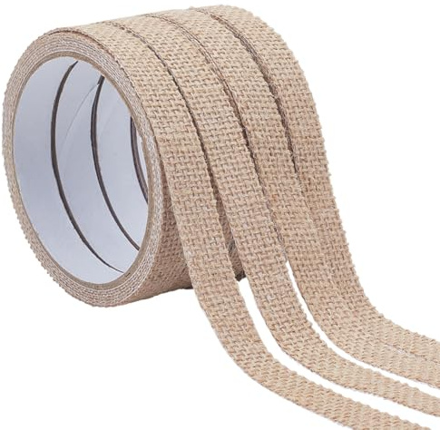 PLIGREAT 4 rollos de cinta de yute de 1,5 cm de ancho, autoadhesiva, cinta adhesiva de lino, cintas decorativas, cinta de arpillera natural, adorno para manualidades, álbumes de recortes, decoraciones