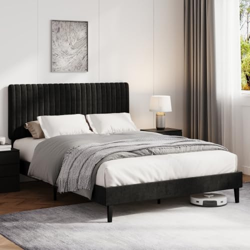 HOMBCK Double Bed Frame, 135 x 190 cm, Upholstered Bed with Velvet Headboard, Adjustable Height, Wooden Slat Support, No Box Spring Needed, Black
