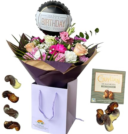 Birthday Bouquet Fresh Flowers Birthday Balloon -Pink Roses, Carnations, Purple Gerbera and Lisianthus Arrangement Chocolate (Choco + Balloon)