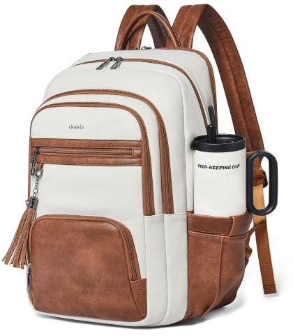 Shrrie 17 Inch Laptop Backpack for Women,Vegan Leather Backpack Purse,28L Work Business College Travel Computer Backpacks with Pouch Pocket for Large Capacity Cup & USB Charger,Beige with Brown