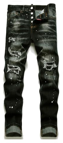 Jeans Uomo Slim Fit Strappati - Pantaloni in Denim Stretch per Look Casual e Streetwear, Perfetti per Ogni Stagione,Nero,28