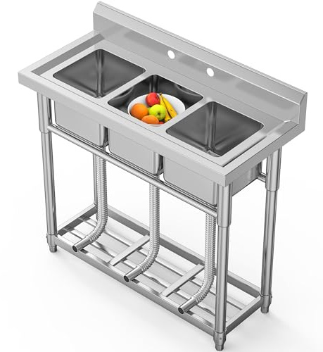 DWVO Stainless Steel Utility Bar Sink, 3 Compartment Free Standing Small Sink with Backsplash, 39in Commercial 3 Bay Sinks with shelf for Garage, Restaurant, Kitchen, Laundry
