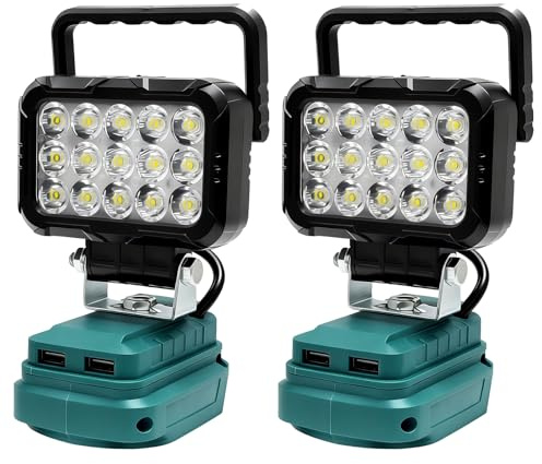 2 Stück Akku Lampe für Makita 18V Akku, 40W Kabellose LED Arbeitsleuchte, Tragbares Flutlichter, Baustellen Lampe Strahler mit 2 USB Ladeanschluss, für Autoreparaturen, Camping, Werkstatt (Ohne Akku)