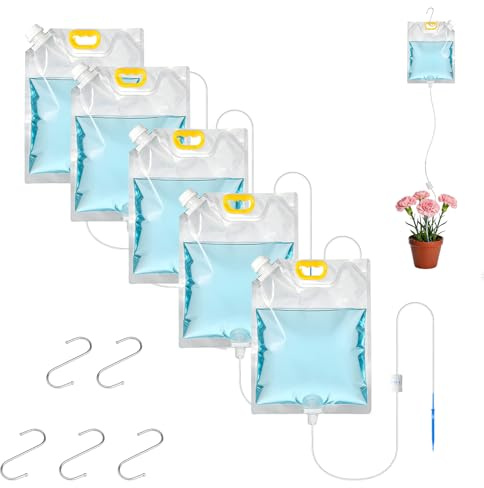 5 Pezzi 5L Sacchetti per Irrigazione a Goccia, Irrigazione Automatica per Piante, Con 5 Ganci e 5 Valvole di Flusso Regolabili, Sacchetti Irrigatori a Goccia per Piante Vacanza Esterno Giardino