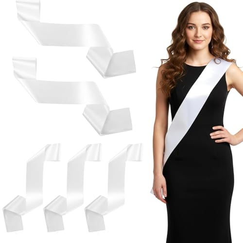 SWYZOR 5 Piezas Banda de Satén en Blanco, DIY Plain Sash Blanco Satén Sash Bricolaje, Despedida de Soltera Accesorios, Blancas Accesorios de Fiesta para Desfiles, Boda, Cumpleaños y Graduación Fiesta