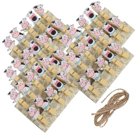 NIYANGLE Set di 50 Clip Portafoto a Forma di Mucca in Legno con 5 Confezioni da 10 Pezzi e Corde per Appendere, Resistenti e Facili da Fissare per Decorazioni e Memo