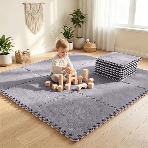 Penbinmall Set med 12 sammankopplingsbara plyscha pusselmattor, 30 x 30 cm, EVA-skumgolvmattor för baby, vardagsrum, sovrum, grå