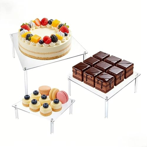 Juego de 3 soportes cuadrados de acrílico para tartas, elevador de exhibición de postres transparente de grado alimenticio para boda, fiesta de cumpleaños, bandeja de servir de 6.3 7.87 9.5 pulgadas