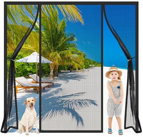 Actualisée Moustiquaire Porte Double Noir 240x210cm Rideaux Fenêtre Aimantée Sans Perçage Moustiquaire Baie Vitree Coulissante Pliable pour les entrées de vérandas et de jardins d'hiver