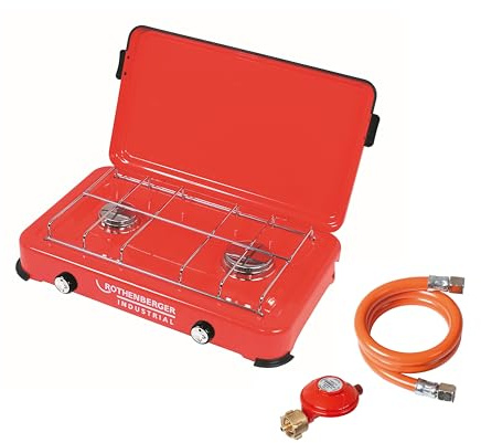 ROTHENBERGER Industrial Campingkocher, Gaskocher, windfester Outdoorkocher inkl. 0,8 m Propangasschlauch und Druckregler, 2 Kochstellen, Inbetriebnahme mit Propangasflasche 35940