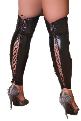 Andalea Dessous Schwarze Beinstulpen aus dehnbaren Wetlook Material mit Schnürung (L/XL)