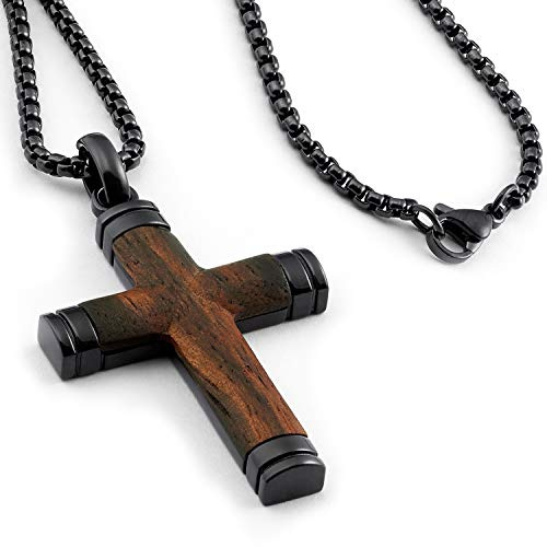 Metal Masters Co. Wood Cross Pendant Necklace Black Stainless Steel 24 Round Box Chain