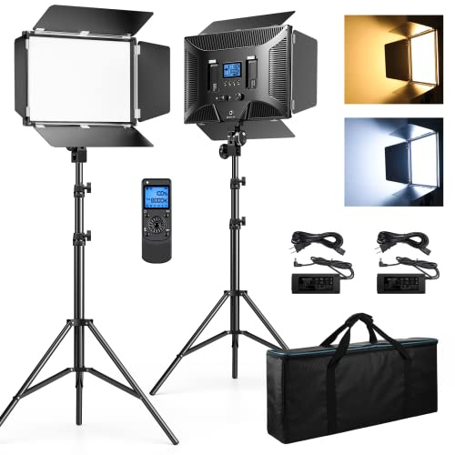 D50 Photography Lighting with Barn Door, 2-Pack 15.4 LED Video Light with Remote, 45W 3000K-8000K Dimmable Bi-Color Panel Light for Live Streaming/Wedding Shooting/Video Recording/Studio/Film