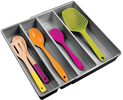mDesign Besteckkasten mit vier Fächern – ausziehbarer Besteckeinsatz für Schubladen ordnet Küchenutensilien – Schubladenorganizer für diverse Utensilien – dunkelgrau