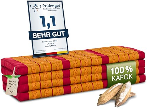 livasia Nachhaltige Klappmatratze Kapok XXL - 200x140x8cm - extrabreite Gästematratze, Faltbare Matratze doppel, ökologische Yogamatte, Gästebett klappbar, Liege Garten Balkon (Rot/Gelb)
