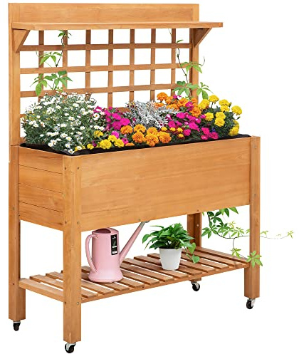 Outsunny 41 Raised Garden Bed with Trellis on Wheels, Wooden Elevated Planter Box with Legs and Bed Liner, for Flowers, Herbs & Vegetables, Brown