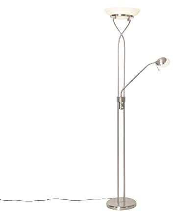 Qazqa led Modern Deckenfluter mit Lesearm, Stehleuchte, Stehlampe - Empoli - Silber Farbe, inkl. 30W integrierter LED, 2000K - 3000K, dimmbar, 2-flammig, 180cm, Ideal als Bürolampe