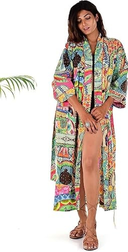 Blommigt tryck lång bomull strandkimono handgjord täcka upp badrockar kvinnor morgonrock nattmorgonrock, vintage, brudtärna, boho, brudrock