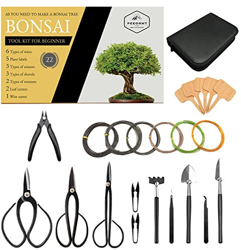 PEEORNT Juego de herramientas de árbol de bonsái, juego de 22 herramientas de bonsái de acero de alto carbono, juego de herramientas de corte incluye tijeras de podar, cortadores, alambres de