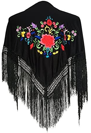 La Señorita Spanischer Manton/Tuch - Schwarz mit Blumen und Fransen Schwarz Small