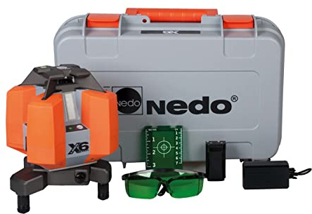 Nedo X-Liner 6 green - Grüner Multilinien-Laser mit horizontaler 360° Laserlinie - zum Nivellieren, Fluchten, Loten und Abtragen rechter Winkel im Innenausbau