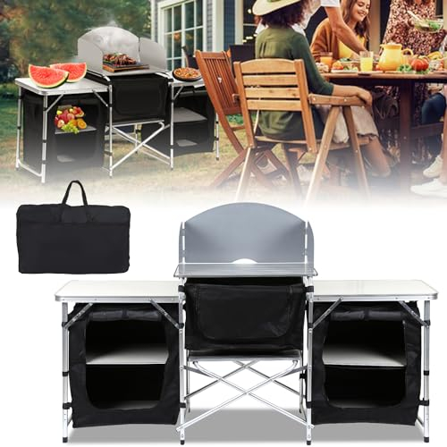 Jopassy Campingschrank Campingküche Campingmöbel Aluminiumgestell, Outdoor faltbar Reiseküche,mit Windschutz & Stauraum & Tragetasche, Faltschrank Campingtisch für Camping Picknick