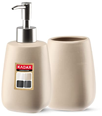 KADAX Ensemble de 2 pièces pour salle de bain en céramique, accessoires de salle de bain, distributeur de savon, gobelet de salle de bain, porte-savon et brosse WC (gobelet et distributeur beige)