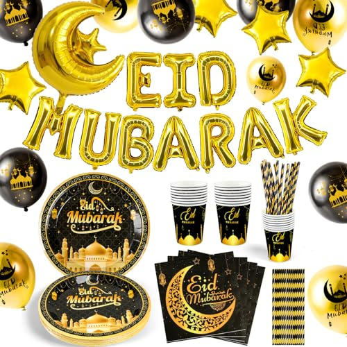 iZoeL Vaisselle Aid Moubarak 78 pièces Eid Mubarak Vaisselle Jetable Decoration Aid Moubarak Or Banderole Eid Mubarak Ballons Noir Serviettes Assiettes Tasses Pailles - Jardin Maison Restaurant