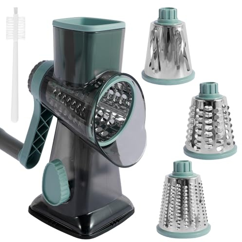 Rotary Cheese Grater, Round Vegetable Slicer with 3 Drum Stainless Steel Blades, Manual Drum Grater Chopper with Strong Suction Base, Detachable Cheese Cutter Shredder for Cheese Potato(Grey)