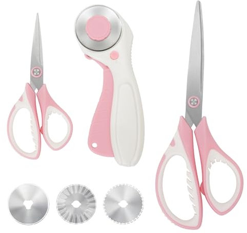 MANUFORE Set de Ciseaux de Couture et Cutter Rotatif Rose，Ciseaux à Tissu Polyvalents 26cm+14cm et Cutter Rotatif 45mm avec 3 Lames Rondes de Rechange pour Tissu, Papier, Cuir,Toile, Scrapbooking