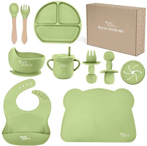 Yum Yum's Baby Weaning Set – Includes Toddler Water Bottle, Cups, Baby Bowls, Spoon, Fork, Baby Plate Set & More - Baby Feeding Set & Baby Gifts & Present - 10 Pieces (Mint Green)