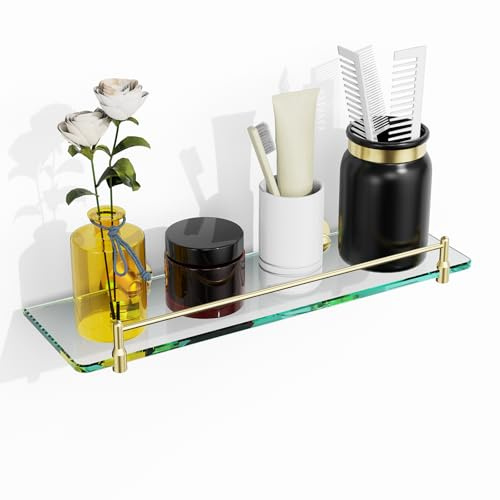 KOCOK Glass Bathroom Shelves,Brushed Gold Floating Shelves for Wall Rectangular Modern Stainless Steel Glass Shelf for Bathroom Shelves Wall Mounted 16 Inch