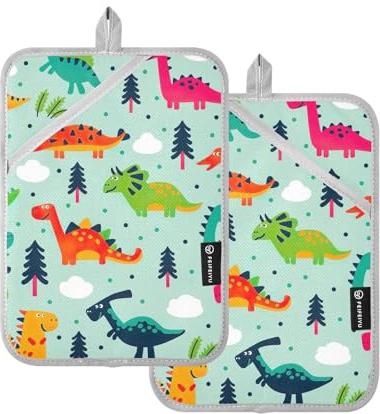 KLL Pot Holders for Kitchen, 2 Pack Heat Resistant Potholder with Pockets Hotpads Oven Pads, 9.8x7 Funny Dinosaurs Cartoon