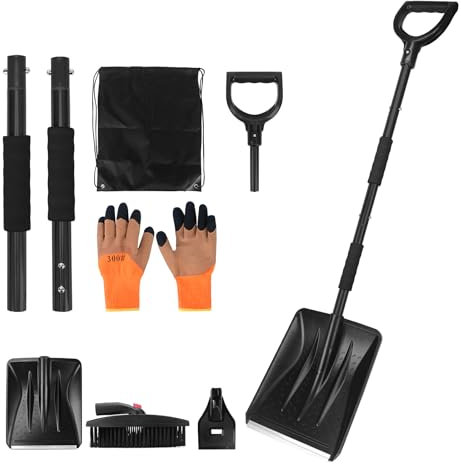 COVVY Kit 3 in 1 pala da neve retrattile con raschietto per ghiaccio e spazzola da neve per ghiaccio, neve, grana per vialetto auto, con borsa portaoggetti e guanti (nero)
