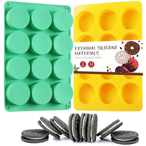 HIA - 2 moldes redondos de silicona de 12 cavidades para galletas de chocolate, moldes para hornear Oreo, chocolate, galletas, dulces, mini pasteles, gelatina (amarillo + verde)