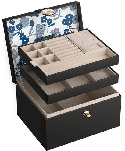 ADEL DREAM Schmuckkästchen Schmuckkasten mit 3 Ebenen Schmuckaufbewahrungsbox Schmuckbox mit Knöpfen Geburtstags- und Feiertagsgeschenke für Damen Töchter und Freunde Schwarz