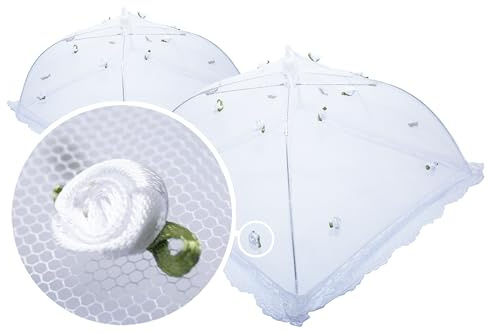 wohhwo Faltbare, quadratische Abdeckhauben, 2er-Set (31x31x18cm und 40x40x21cm), weiß mit kleinen weißen Blüten, Fliegenschutz für Essen, Lebensmittel Insektenschutz, Food Cover für Festliche Anlässe
