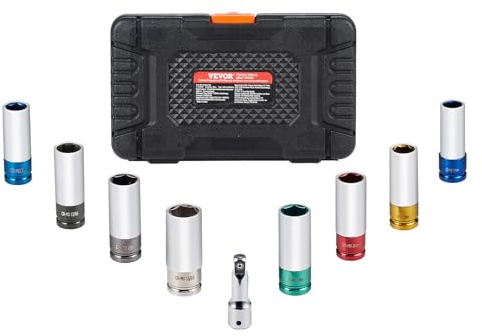 VEVOR Set di Bussole a Percussione per Dadi Ruota da 12,7 mm Sistema Metrico e SAE, Set di Bussole Profonde a 6 Punti, Totale 8 Dimensioni di Dadi Ruota, Set di Bussole per Dadi Ruota in Acciaio CR-MO